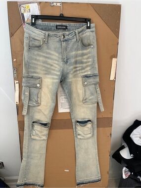 Pheelings Light Wash Cargo Flare Jeans Men’s Size 34 Stacked Distressed Denim